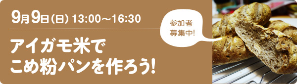 9月9日（日）13：00〜16：30　アイガモ米でこめ粉パンを作ろう!