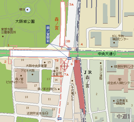 森之宮神社と鵲森宮ビルの地図。
