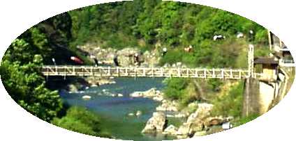 写真ｋ－３：京都保津峡に掛かる鯉幟の川渡し。