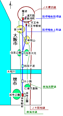 イラスト１：阪堺電車の走行区間。