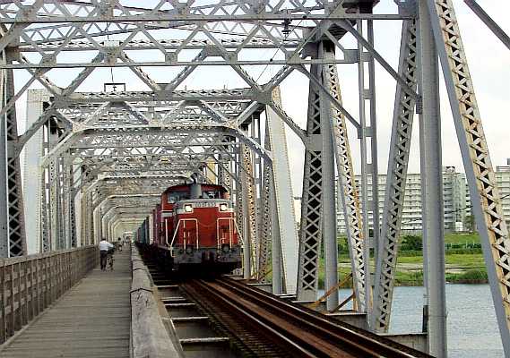 写真６：赤川鉄橋を渡るＪＲ貨物列車。