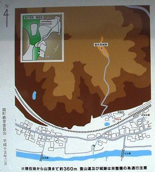 写真２−２：鹿伏兎城跡の案内板の地図と縄張図。