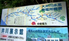 写真１３−２：井川駅傍の発電所説明板と井川展示館案内板。