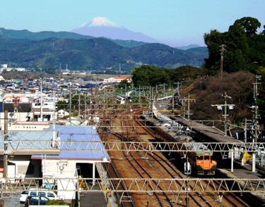 写真５－１：牧の原隧道から見た金谷駅と富士山。