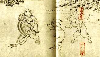 図１：『鳥獣戯画』より兎と蛙の相撲。