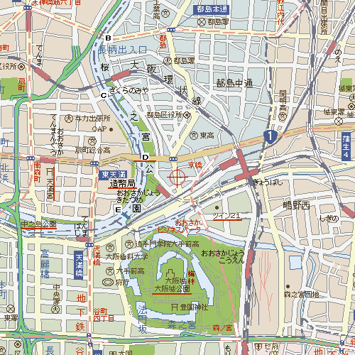 桜之宮公園南部と大阪城公園の地図。