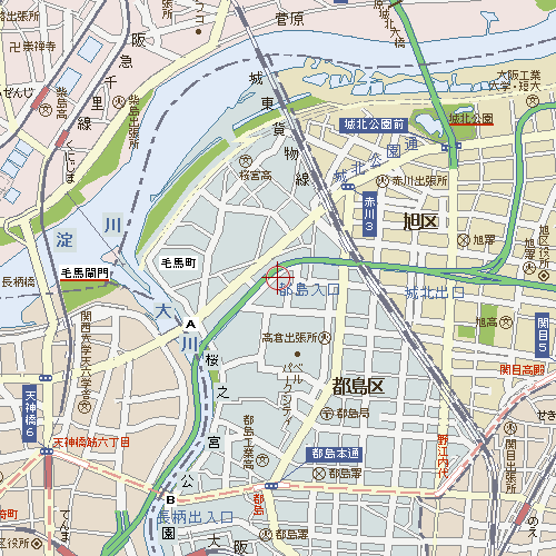 桜之宮公園北部の地図（淀川・毛馬堤を含む）。