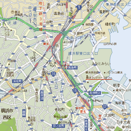 横浜市中心街北部（西区・中区）の地図。
