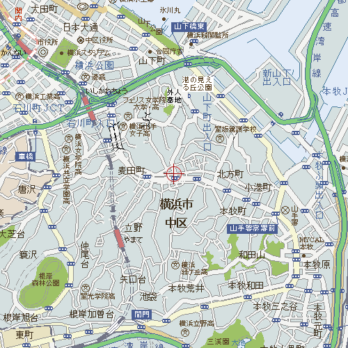 横浜市中心街南部（中区）の地図。