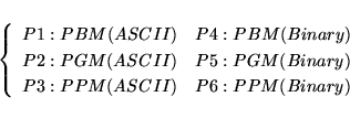 \begin{displaymath}
\left\{
 \begin{array}
{ll}
 P1:PBM(ASCII) & P4:PBM(Binary) ...
 ...y) \\  P3:PPM(ASCII) & P6:PPM(Binary) \\  \end{array} \right.
 \end{displaymath}