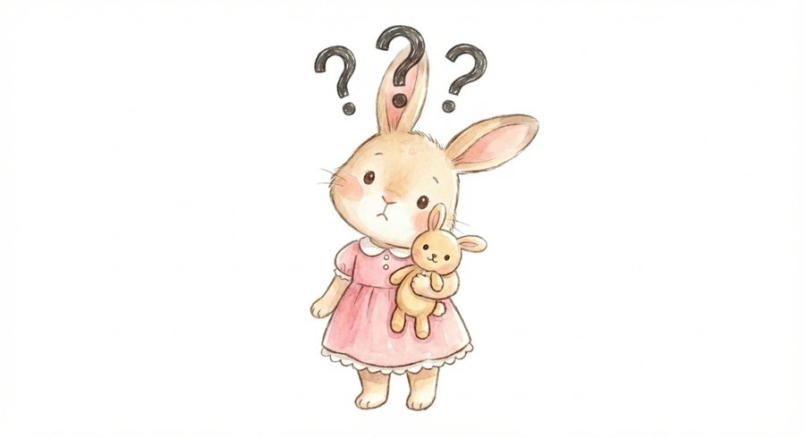 疑問符と一緒に考えるウサギのイラスト
