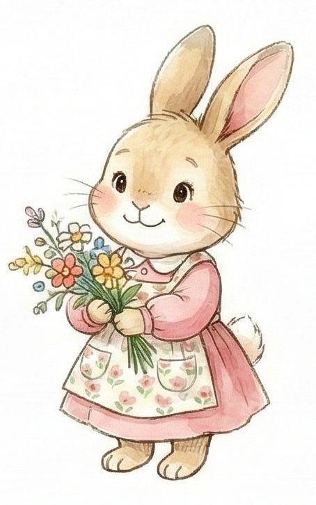 花束を持つ坪井英語塾のウサギキャラクター