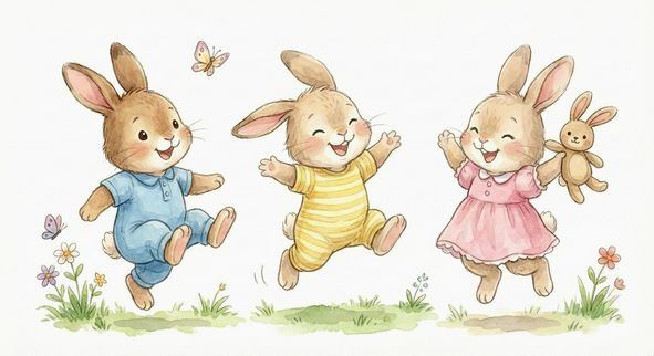 並んで歩く坪井英語塾のウサギキャラクターたち